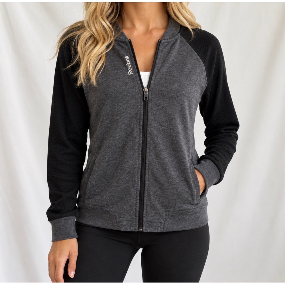 Reebok Full Zip Track Jacket Small Gray Black Good Athleisure Raglan Sleeve